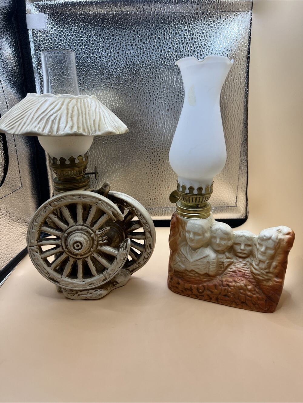 2 Antique 8inch Tall Oil Lamp Lights- Wagon Wheel And Mount Rushmore